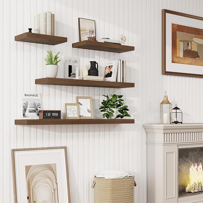 40in Floating Shelves for Wall, 40"W x 9.25"D x 1.25"H, 2 Pack Long Wall Mounted Engineered Wood Shelves with Invisible Brackets for Living Room, Bedroom, Bathroom, Kitchen Decor and Storage, Walnut