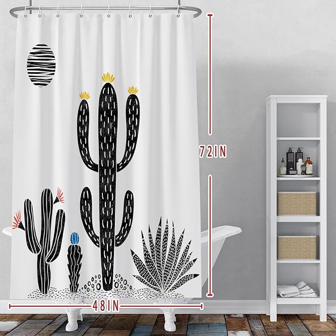 Baocicoo Boho Cactus Shower Curtain Tropical Plants Minimalism Floral Abstract Moon Black and White Shower Curtains for Hotel Home Bathroom Polyester Waterproof Fabric with Hooks 48x72 Inches