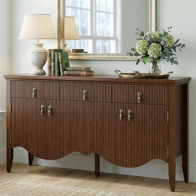 FUSUNBAO 57-Inch Sideboard Buffet Cabinet with 3 Drawers and 4 Doors, Vintage Fluted Sideboard with Scalloped Base, Vintage Storage Cabinet for Dining Room, Organic Modern Accent Cabinet, Walnut