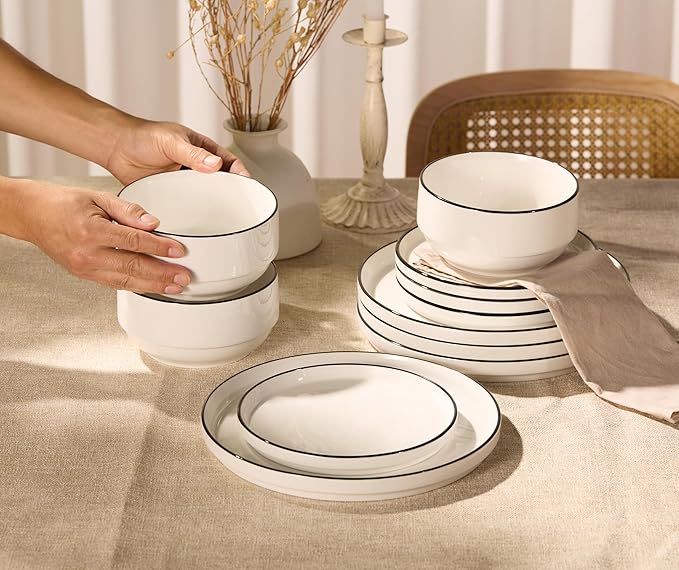 Vase and Vessel Ceramic Dinnerware Set, 12-Piece Service for 4, Round, Microwave and Dishwasher Safe, Cambridge Classics (French)