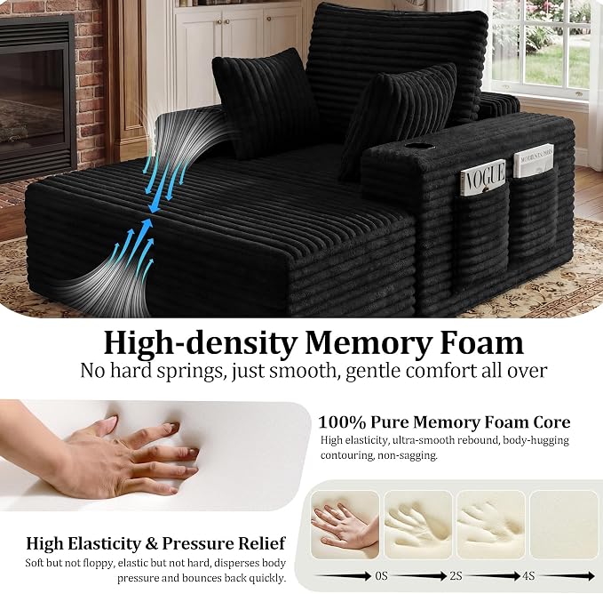 85" Oversized Chaise Lounge Chair Convertible 2-in-1 Boneless Sleeper Couch Bed Indoor Comfy Cloud Corduroy Reading Armchair sofa with Storage Pockets&Cup Holders for Bedroom,Living Room,Black