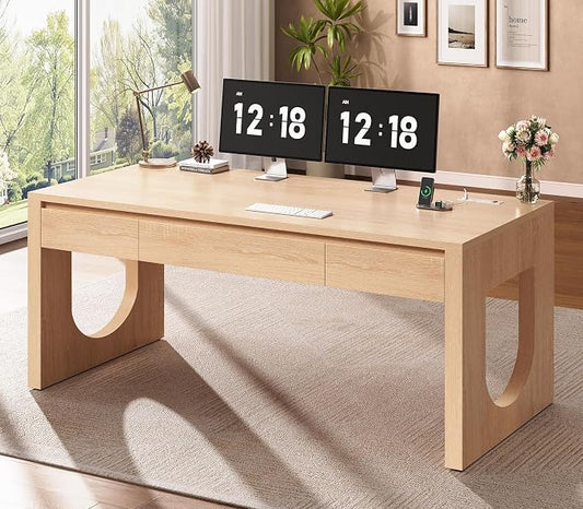 SEDETA Modern Office Desk with 3 Drawers, 55" Executive Desk with U-Shaped Legs, Wood Computer Desk with Power Outlet, Home Office Desks with Relief Texture, Natrual
