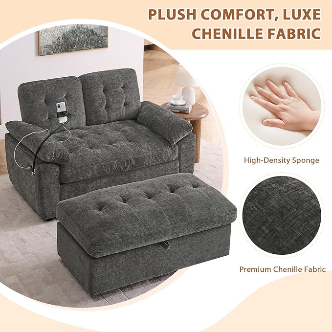 Oversized Chaise Lounge Chair Indoor, Double Convertible Recliner Reading Arm Sofa Chair W/Adjustable Backrest & Charging Port Couch Bed for Living Room, Home Theater & Bedroom, Grey