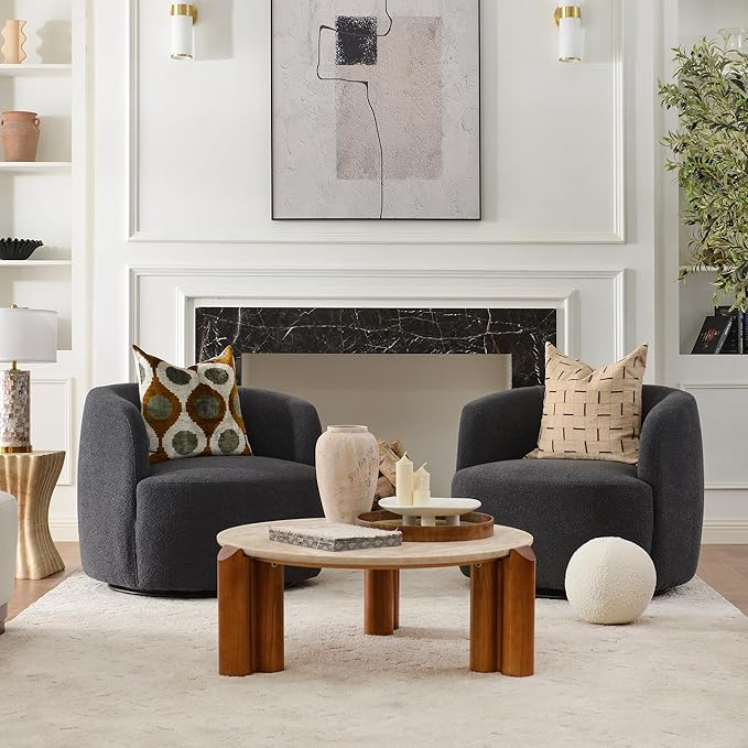 KINWELL 34" Wide Boucle Swivel Barrel Chairs Set of 2, No Assembly Round Upholstered Armchairs Accent Chairs Single Sofa Chair with Toss Pillow for Living Room and Bedroom, Dark Grey
