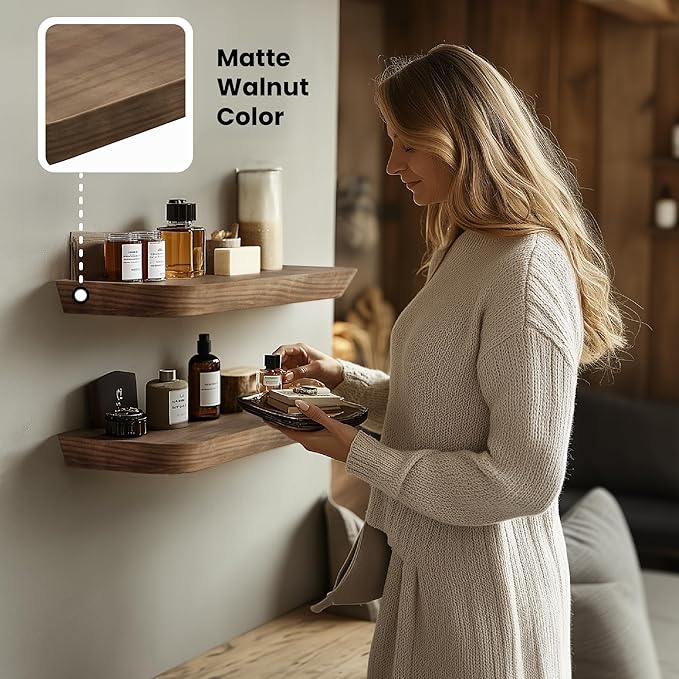 Wood Floating Shelves for Wall 16 Inch (Set of 2) - Floating Bathroom Shelves for Room Wall- Small Wall Mounted Shelf for Bedroom Kitchen Living Room - 8 inch deep, American Walnut, Matte