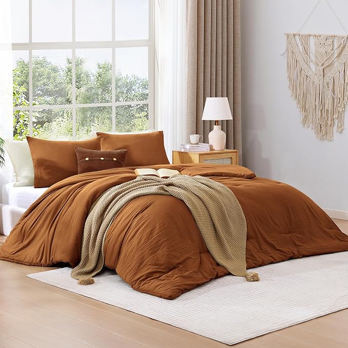 WRENSONGE Full Size Comforter Sets - 3 Pieces Prewashed Burnt Orange Comforter Soft Lightweight for All Seasons, Fluffy Down Alternative Comforter Full Size with 2 Pillow Shams