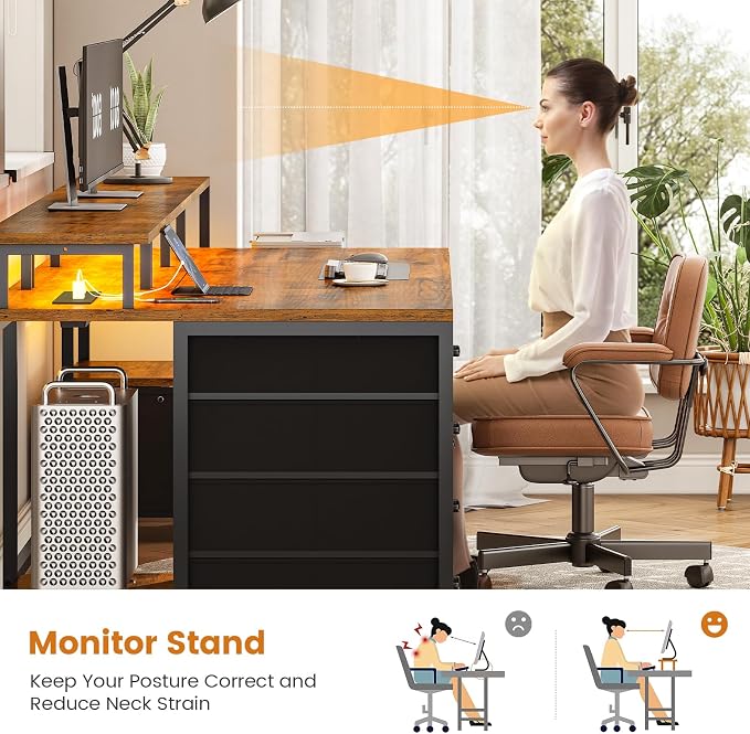 SEDETA Home Office Desk with File Drawer & Power Outlet, 75'' Large Computer Desk with 5 Drawer, Storage Shelves, Monitor Shelf and Led Lights, 23.6" W Desktop Gaming Desk, Rustic Brown