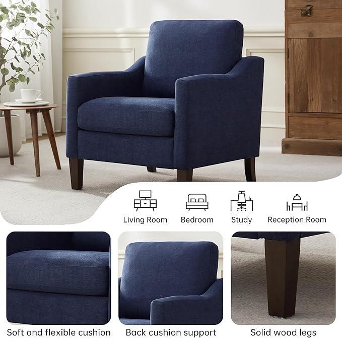 VKNOW Mid Century Modern Accent Chair, Upholstered Living Room Chairs Armchair for Bedroom, Comfy Reading Accent Chairs with Wood Legs for Living Room (2, Navy Blue)