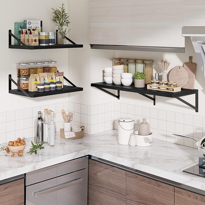Deep Wall Shelves 12"W x 12"D Engineered Wood Floating Shelves for Wall, Sturdy Metal Bracket Bookshelves Home Decor Storage for Living Room Bedroom Bathroom Kitchen, Set of 2, Black Finish
