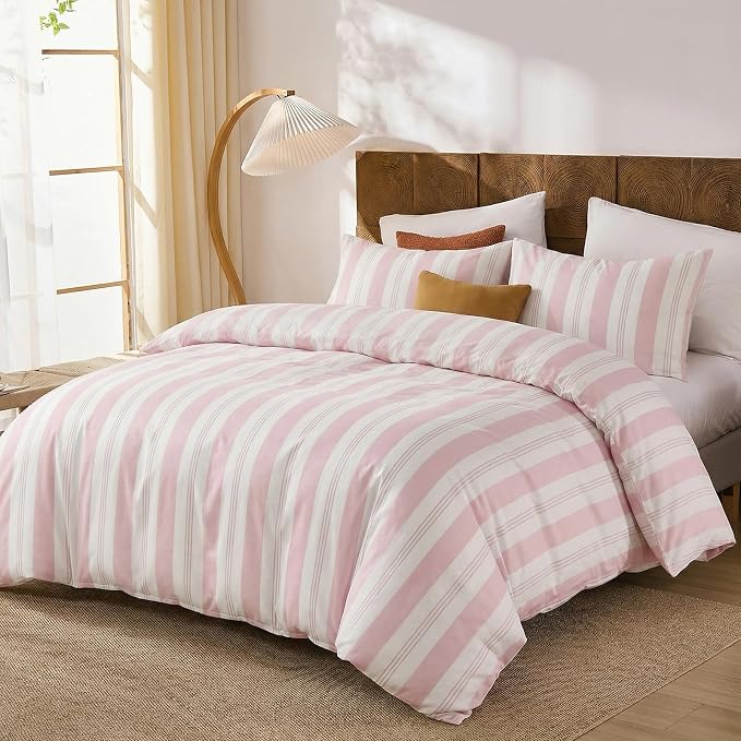 Merryword Pink Striped Duvet Cover Set King Size, 100% Cotton Bedding Set with Zipper Closure & 8 Corner Ties, Awning Stripe Bedding, Soft Breathable Comforter Cover for All Seasons