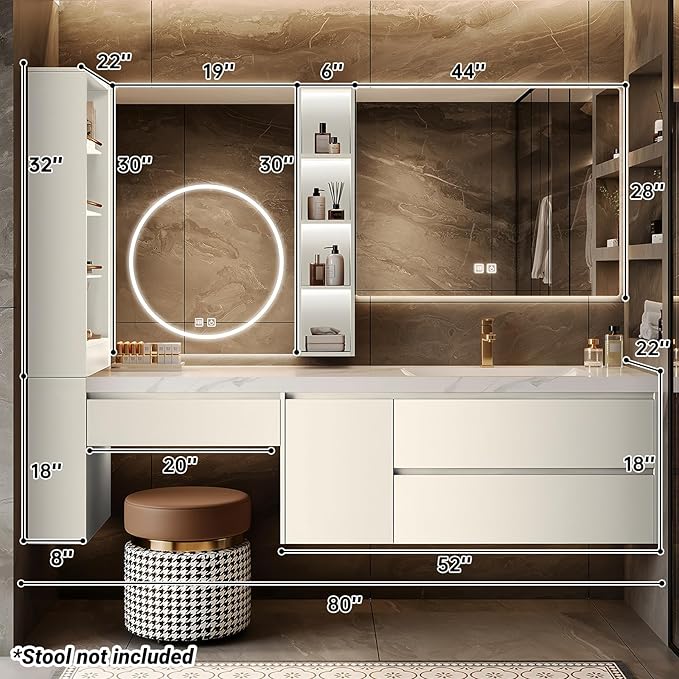 Floating Bathroom Vanity with Makeup Table, Single Sink Bathroom Vanity Includes LED Smart Defog Mirror with Open Shelf and Side Storage Cabinet, Wall-Mount Vanities with Drawers (Cream White,80")