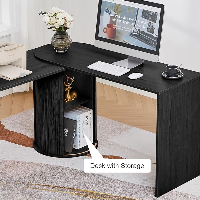 Fluted Computer PC Desk Table with Storage, Black Corner L Shaped Desk with Storage for Small Space, Modern Home Office Desk for Bedroom, for Writing, Executive, Study, Work - Black