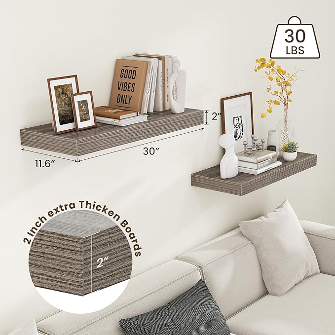 30 Inch Floating Shelves | 12 Inch Deep Grey Floating Shelves Set of 2 | 30" W x 12" D Rustic Wood Shelves for Wall | Deep Grey Shelves for Living Room Bathroom Laundry Room Kitchen