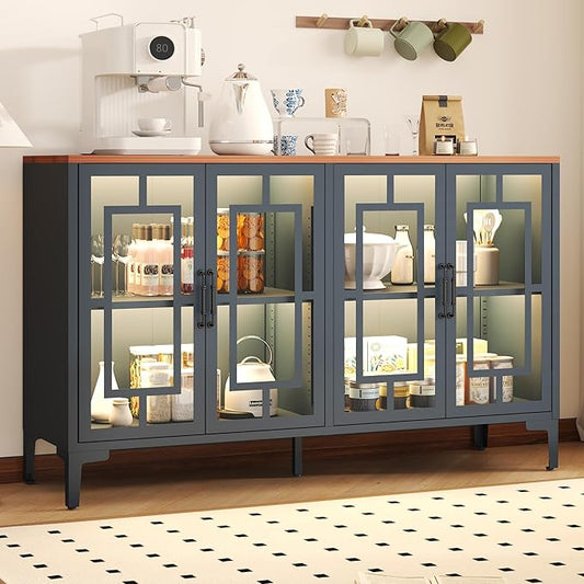 53" Glass Sideboard Buffet Cabinet with COB Lights, Adjustable Shelves, Modern Metal-Wood Buffet Table with Storage, Lighted Coffee Bar Display Cabinet for Dining Room Kitchen, Blue
