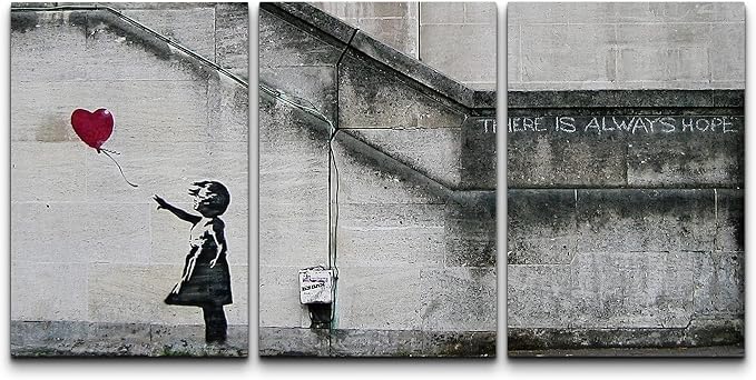 wall26 - 3 Piece Canvas Wall Art - There is Always Hope - Girl and Red Heart Balloon - Street Art - Guerilla - Modern Home Art Stretched and Framed Ready to Hang - 24"x36"x3 Panels