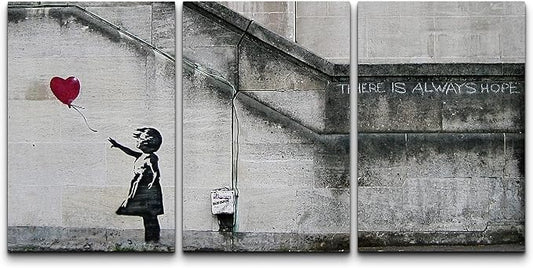 wall26 - 3 Piece Canvas Wall Art - There is Always Hope - Girl and Red Heart Balloon - Street Art - Guerilla - Modern Home Art Stretched and Framed Ready to Hang - 24"x36"x3 Panels