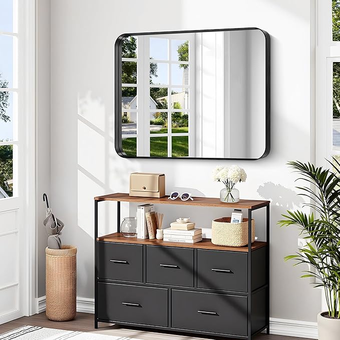 CIRCUMI Black Bathroom Mirror, 30"x36" Rectangular Mirror with Deep Metal Frame, Rounded Corner, Tempered Glass, Mirror for Wall, Oversink, Bedroom, Installed Vertically/Horizontally, Crystal-Clear
