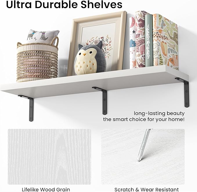 Marsmiles Extra Wide Floating Shelves for Wall, 48x8 Inch Natural Wood Grain Bookshelves, Heavy Duty Mounted Shelving for Bathroom, Kitchen, Living Room, Bedroom,Set of 2，White