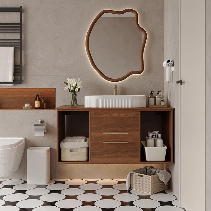 Glintee 40" Modern Floating Bathroom Vanity with Ceramic Basin– Wall-Mounted Solid Wood Cabinet with 2 Drawers & Dual Open Shelves, Easy Assembly (Walnut)