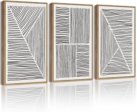 Drsoum Mid-Century Modern Framed Wall Art Minimalist Abstract Boho Black Line Wall Decor Geometric Artwork Kitchen Dining Room 11x14in Natural Framed