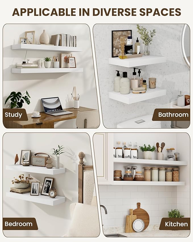 Marsmiles 36" Floating Shelves for Wall, Wooden Shelves with Invisible Brackets Set of 2, Rustic Farmhouse Wall Mounted Shelf for Kitchen Bathroom Living Room Study, White