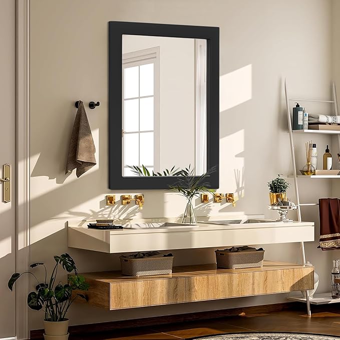 32''x24'' Rustic Wall Mirror for Bathroom Black Wood Frame, Classic Rectangle Mirror Farmhouse Vanity Wall Mirror Decor Living Room, Bedroom, Entryway