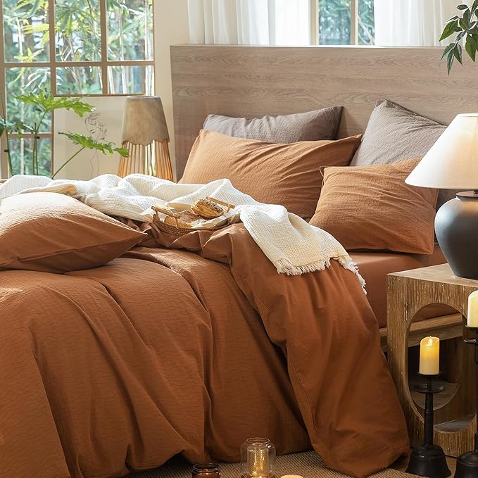 MooMee Wavy Striped Duvet Cover Set 100% Washed Cotton Linen Like Textured Breathable Durable Soft Comfy (Dark Orange, Super Queen 90"x98")