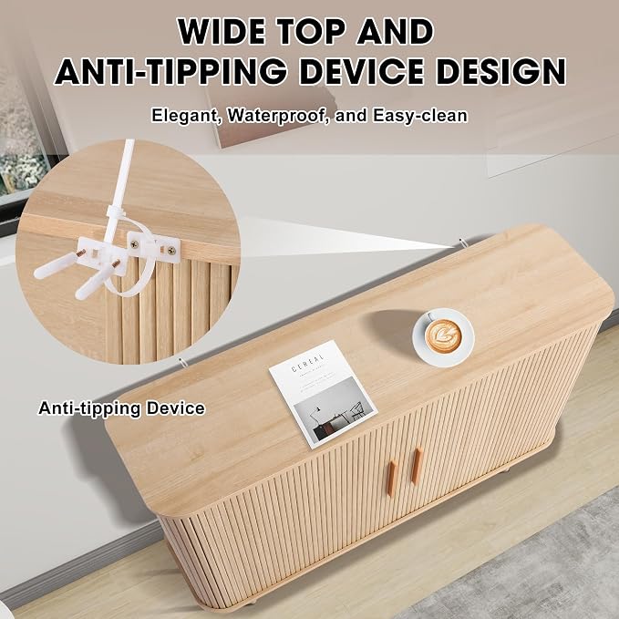 Grepatio 47" Sideboard Buffer Cabinet with Fluted Slide Doors, Tambour Storage Cabinet with Adjustable Shelves, Credenza Console Mid Century Cabinets for Hallway Entryway (Natural)