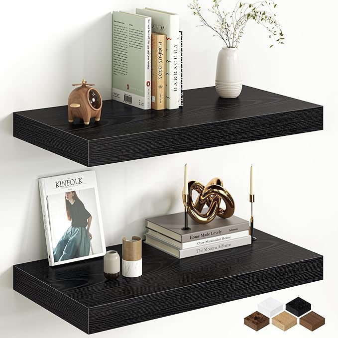 Fun Memories 12 Inch Deep Black Floating Shelf, 24 x 12 Rustic Wood Wall Shelf for Books, 2" Thick Deep Floating Shelf for Storage & Display in Kitchen, Living Room, Bedroom, 2 Packs