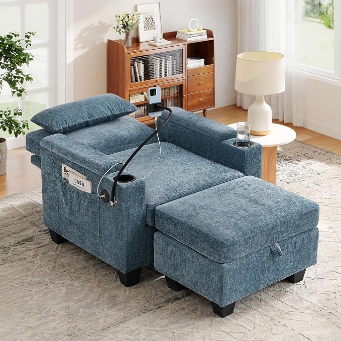 Small Chaise Lounge Chair Indoor with Ottoman&Adjustable Backrest,Chenille Tufted Recliner Comfy Sofa Chair with USB,Phone Holder&Storage Arms,Convertible Sleeper Couch Bed for Living Room(37"W,Blue)
