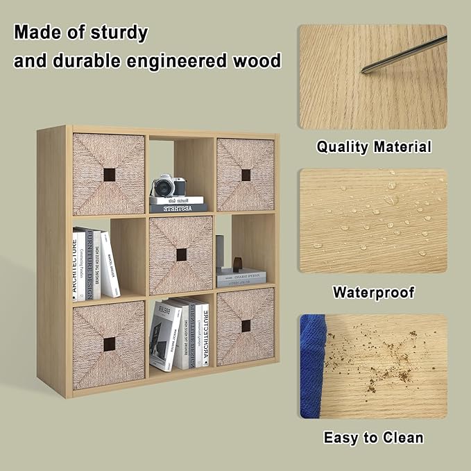 CTESNE【2026 Wooden Thick Frame 9 Cube Storage Organizer Shelf with Anti-Tipping Kits + Reversible Open Back Bookcase, Horizontal and Vertical Dual-use（Oak Color,11inch）