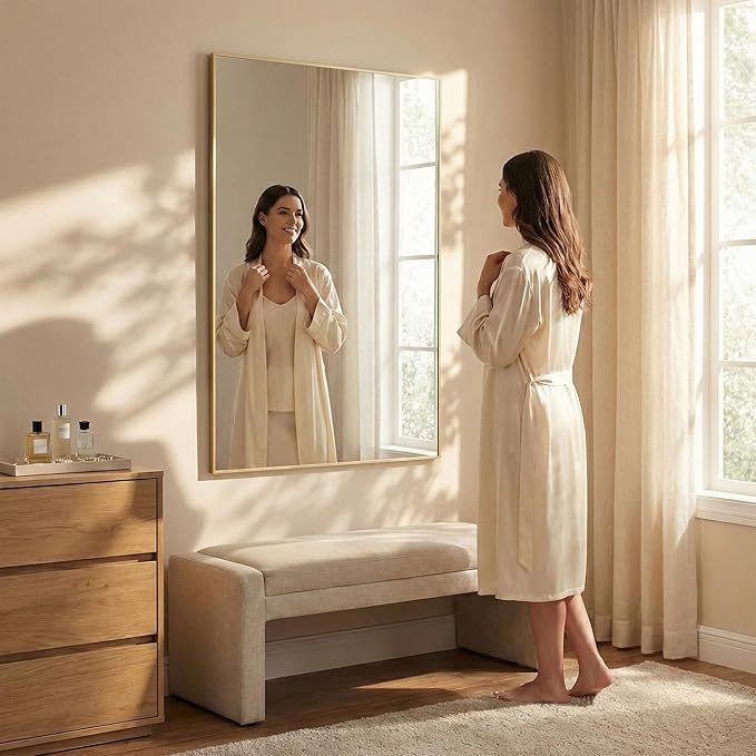 48"x36" Gold Landscape Bathroom Mirror for 48-60 inch Vanity, Shatterproof Tempered Glass, Narrow Metal Frame, Ultra-Flush Mount