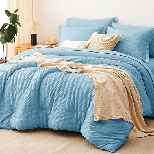 CozyLux Queen Comforter Set Sky Blue, 7 Pieces Seersucker Textured Luxury Bed in a Bag Queen, All Seasons Soft Bedding Sets with Down Alternative Comforter, Sheets, Pillowcases & Shams, Home Gift