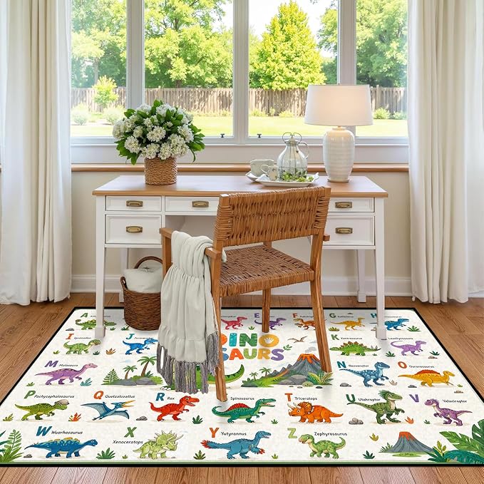 4'x6' Dinosaur Area Rug ABC Alphabet Educational Rugs for Bedroom Living Room Nursery Kitchen Playroom Home Decor Washable Cute Cartoon Dinosaur Floor Mat Carpet