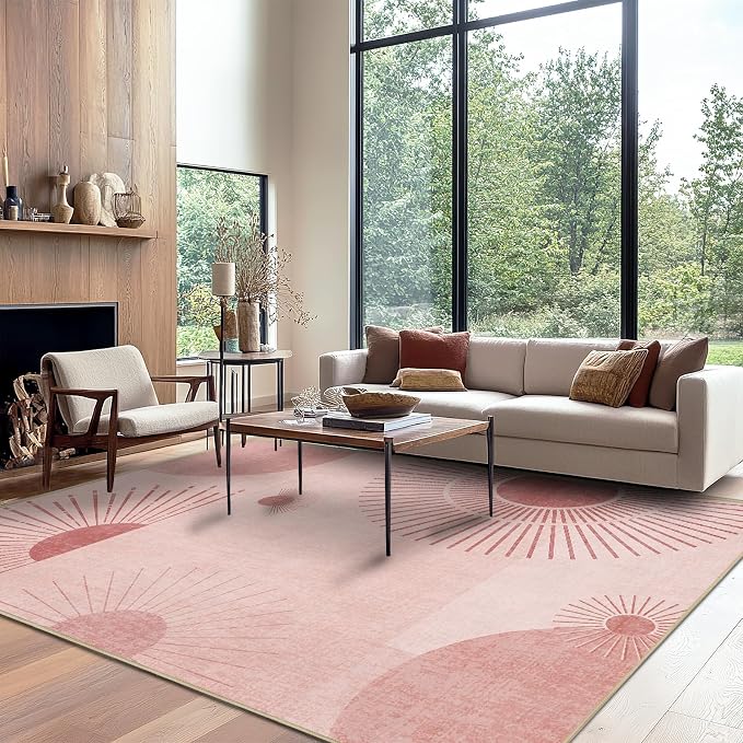8x10 Large Area Rug for Living Room Sun Rug Mid Century Modern Rugs Machine Washable Boho Geometric Rug Non Slip Printed Low Pile Indoor Floor Carpet for Dining Room Bedroom Office,Pink