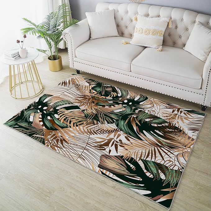 Ansouyi Non-Slip 5x7 ft Area Rugs, Washable Rug Carpet for Living Room, Emerald Green Gold Tropical Botanical Plant Home Decor Rugs for Game Room Classroom Bedroom Dining Kindergarten Room