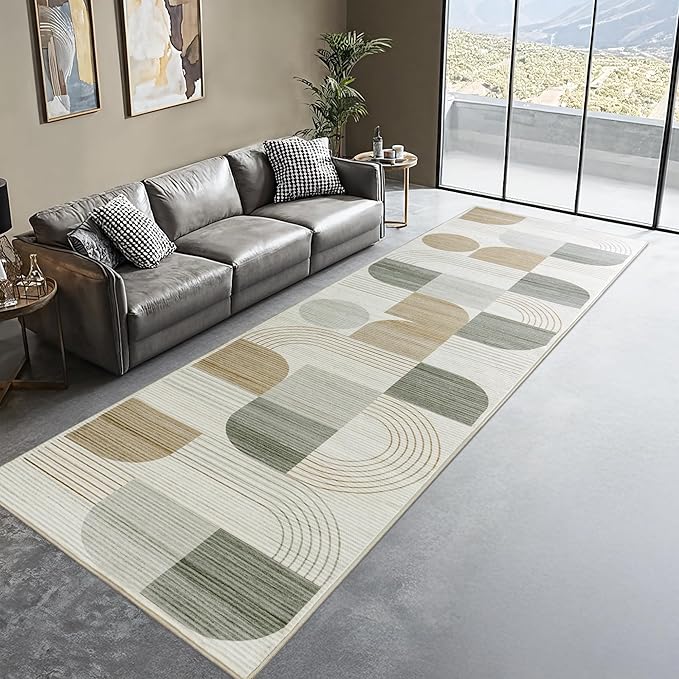Machine Washable 2x6 Runner Rug, Soft Modern Geometric Abstract Beige Rugs for Bedroom Living Room, Non-Shedding Faux Wool Indoor Throw Floor Carpet for Office Entryway Dining Room Decor