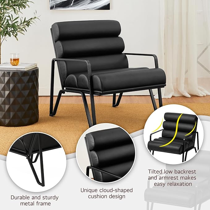 Glitzhome Accent Chairs for Living Room, Modern Armchairs with Metal V-Legs and PU Leather Cushion, Single Sofa Chairs for Living Room/Office/Study, Black
