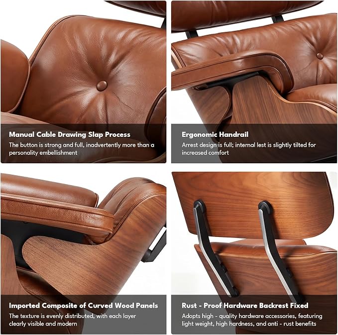 Top Grain Leather, Mid Century Chaise Lounge Chair and Ottoman, Reading Chair, Leather Accent Chair, Modern Chair, Classic Design, Heavy Duty Base Support for Living Room Lounge Office, Walnut-Brown