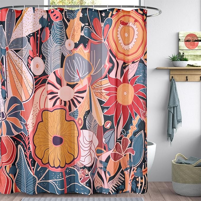 Vintage Floral Fabric Shower Curtain Set Boho Botanical Bathroom Decorations, 160GSM Heavy Duty Mid Century Modern Art Abstract Hippie Flowers Cute Bathroom Shower Curtain Set with Hooks