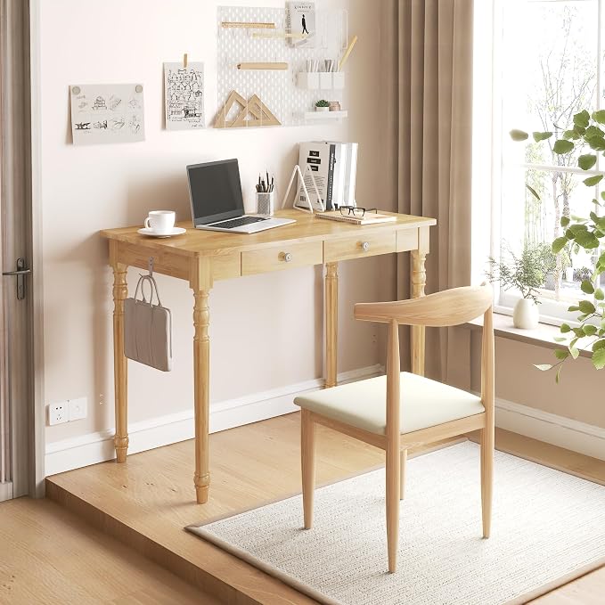 Solid Wood Desk with Drawers - 40 Inch Writing Desk with Drawers, Mid Century Modern Desk with 2 Hooks, Rubber Wood Study Table for Bedroom, Living Room & Office, Natural Boho Desks