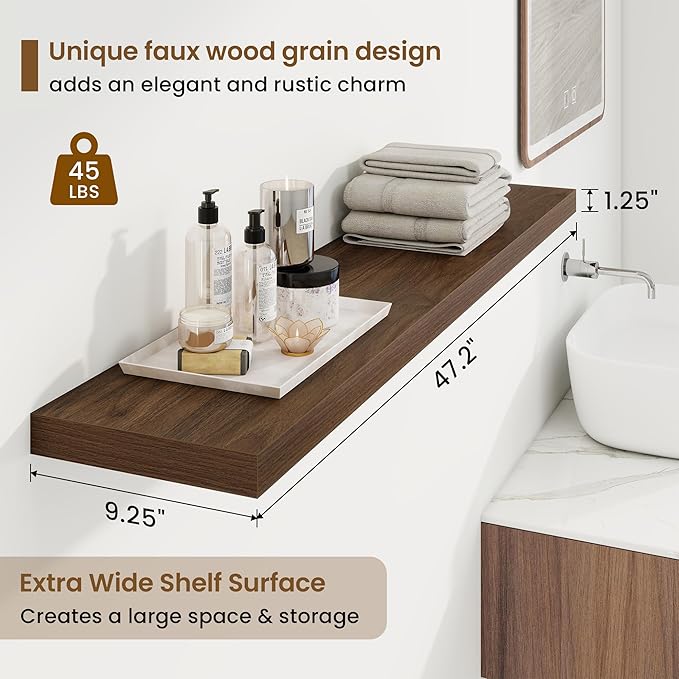 48in Floating Shelves for Wall, 48"W x 9.25"D x 1.25"H, 2 Pack Long Wall Mounted Engineered Wood Shelves with Invisible Brackets for Living Room, Bedroom, Bathroom, Kitchen Decor and Storage, Walnut