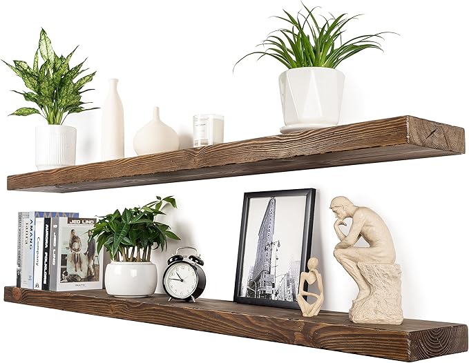 Floating Shelves 60 inch Long 8 "deep Set of 2, Heavy Duty Wood Wall Mounted Shelves for Bathroom Living Room Kitchen,Book Shelves with Thickened Hidden Bracket-Distressed Walnut