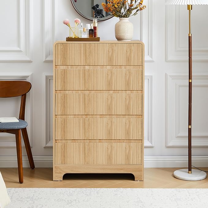 BERRYMERRY 5 Drawer Dresser for Bedroom,Flute 45" Tall Dresser with Curved Profile, Mid Century Modern Vertical Wood Drawer Organizer for Bedroom Living Room