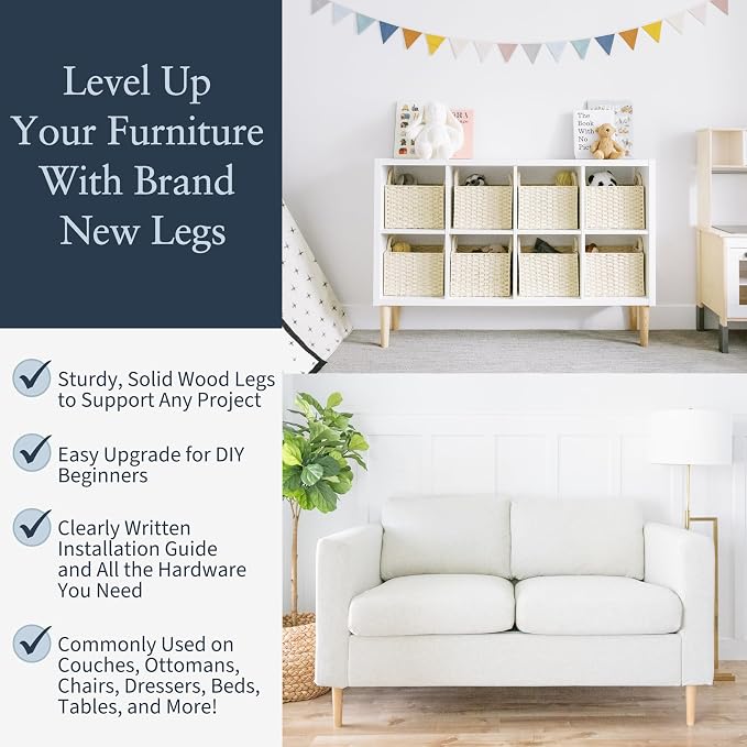 Airy Abode Premium Ash Wood Furniture Legs (Full Install Kit) - Pick Your Size and Color