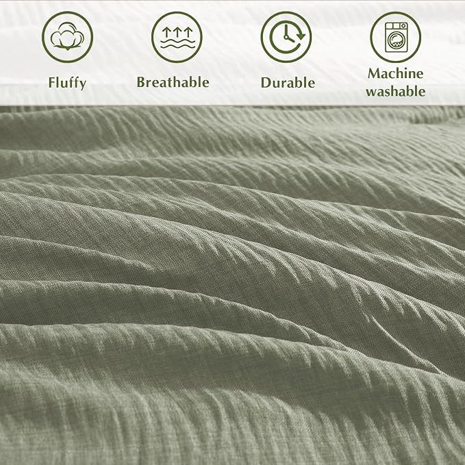 Geniospin Oversized Queen Comforter Sets - 7 Pieces Sage Green Oversized Queen Bedding Set, Solid Bed Set for All Season, Textured Bed in a Bag with Flat Sheet and Fitted Sheet, Pillowcases and Shams