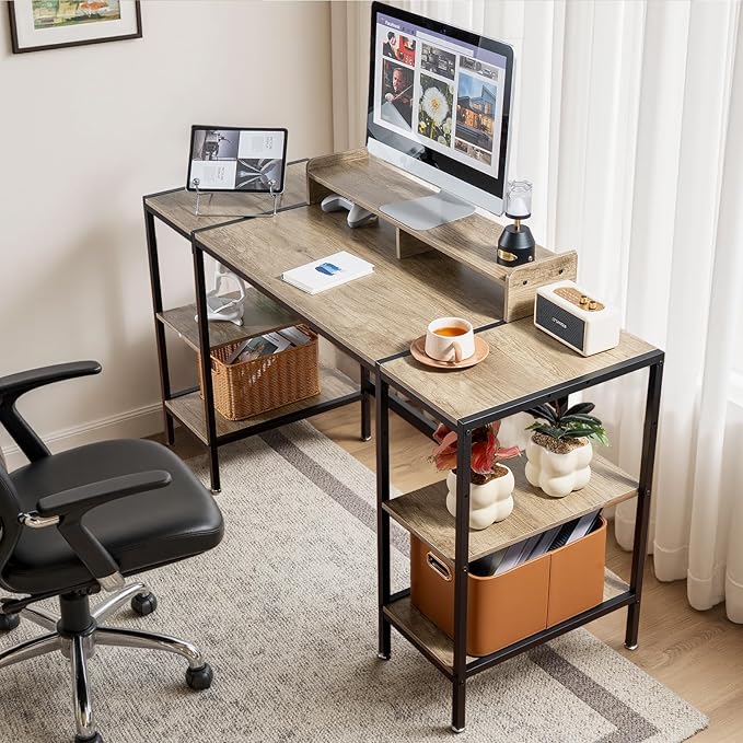 Gaming/Computer Desk - 47” Home Office Small Desk with Monitor Stand, Rustic Writing Desk for 2 Monitors, Adjustable Storage Space, Modern Design Corner Table.