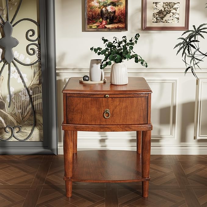 2-Set Traditional Wood End Table with Drawer and Storage Shelf, Hardwood Beside Table with Pull-Out Divider, Modern Vintage Sofa Chair Side Table Nightstand for Living Room Bedroom, Cherry Brown