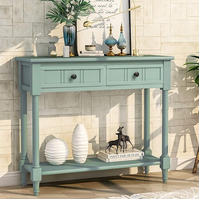 35.43” Console Table with Drawers & Bottom Open Shelf, Rustic Entryway Table with Storage, Retro Blue