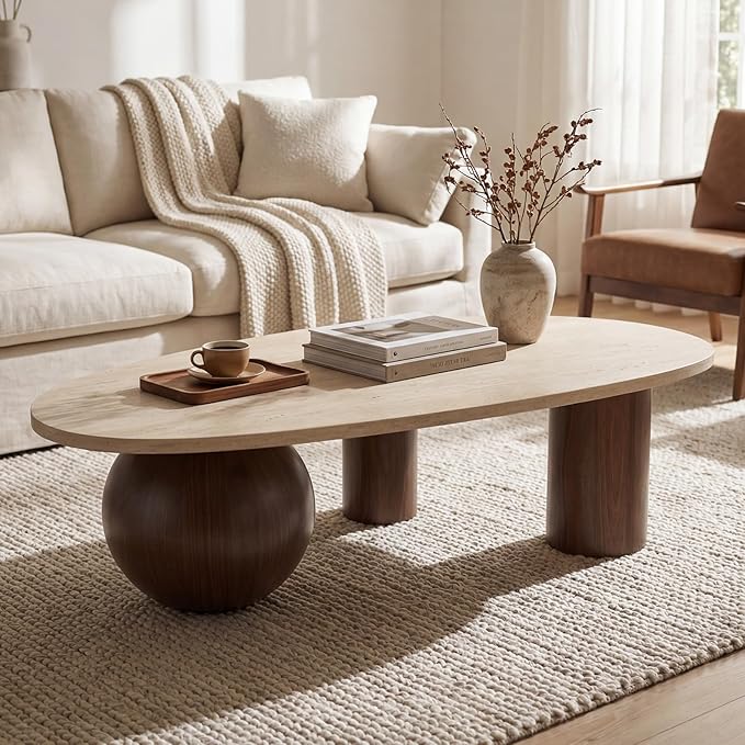 55" Modern Cloud Coffee Table for Living Room, Travertine-Pattern Top Irregular Coffee Table with Walnut Wood Finished Legs, Modern Indoor Accent Center Table for Living Room Bedroom